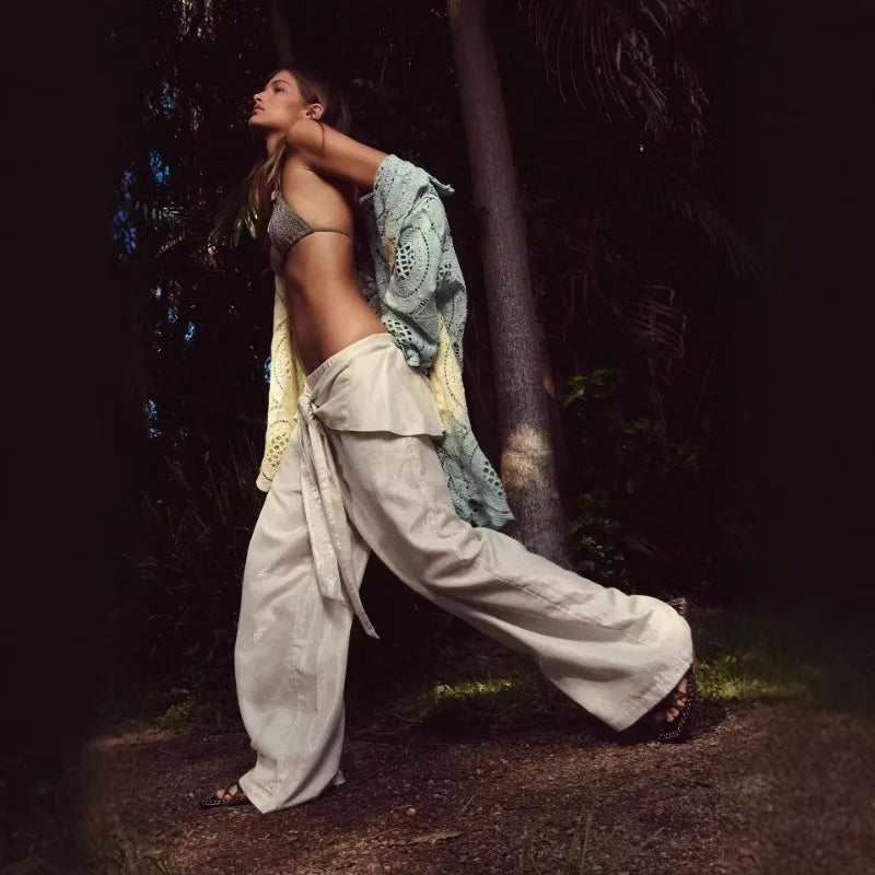 Boca Chica Tie Waist Foil Satin Wide Leg Boho Lazy Casual High Waist Pants