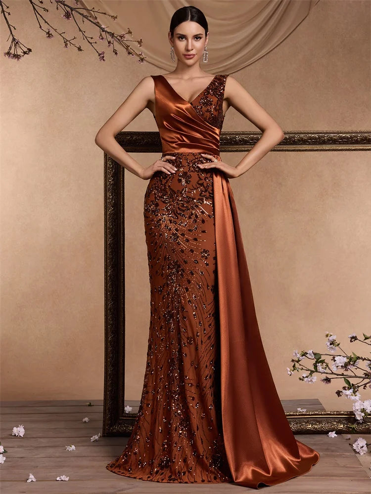 Puebla Elegant V Neck Splice Ribbons Sequins Sleeveless Mermaid Formal Dress