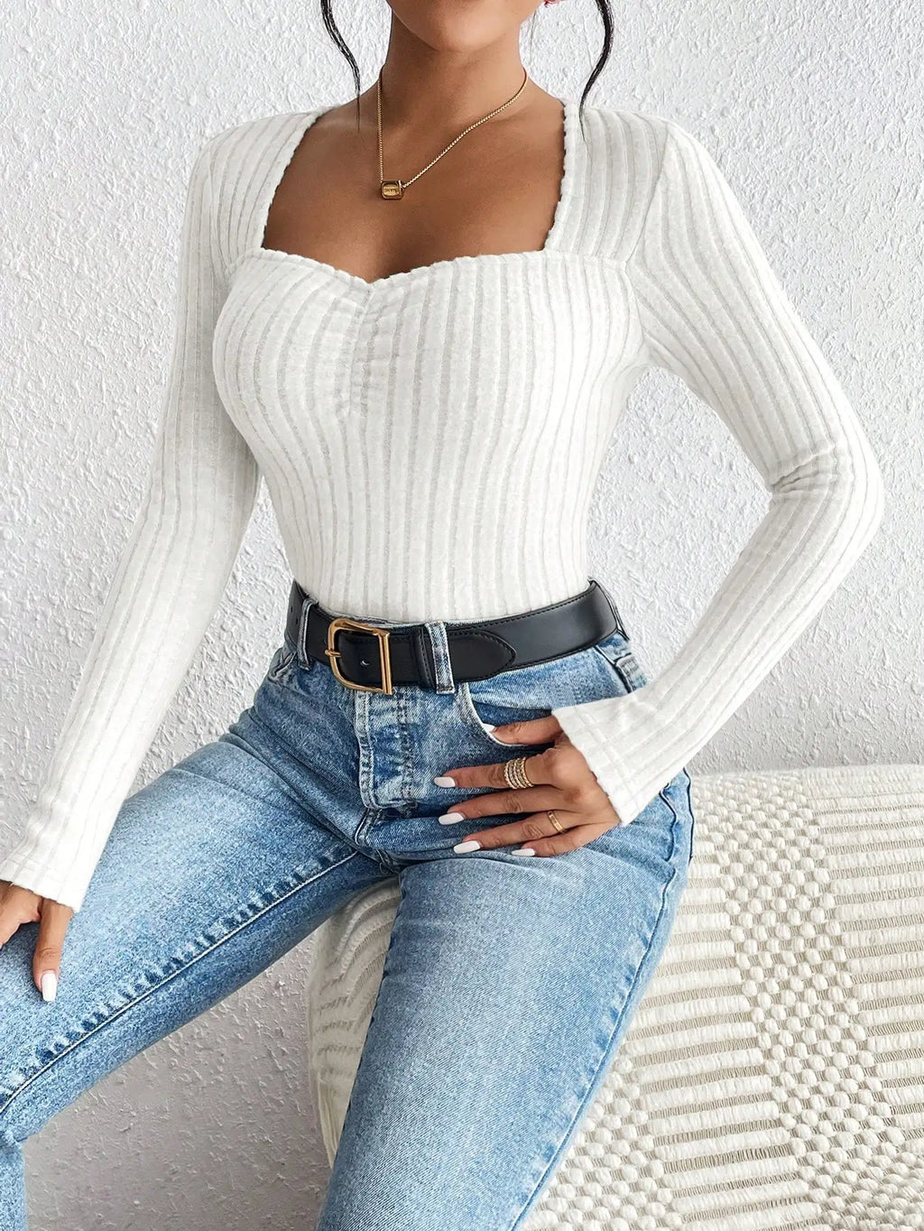 Jupiter Fashion Diamond Collar Knitted Casual Long Sleeved Tops