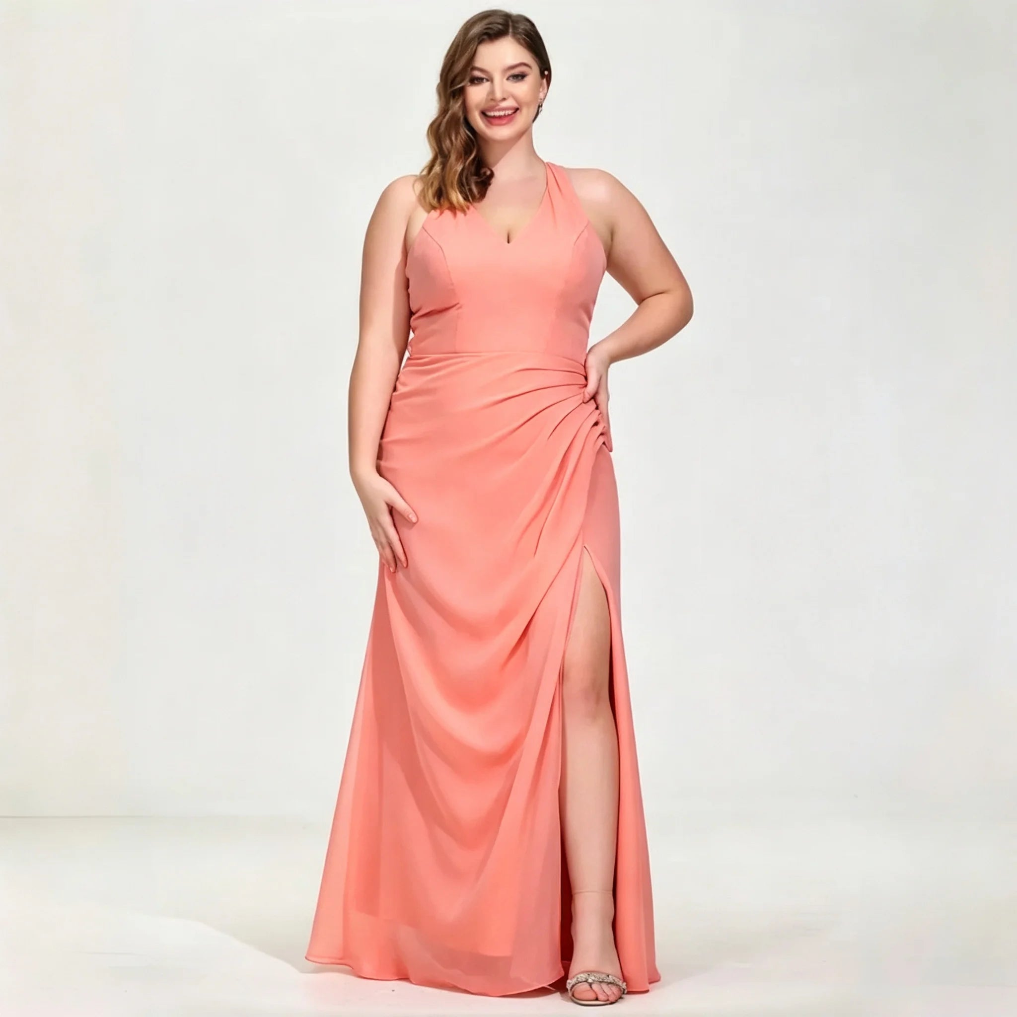 La Cuaba Dusty Pink Plus Size Chiffon Bridesmaid Sleeveless Deep V Neck Side Ruched Dress
