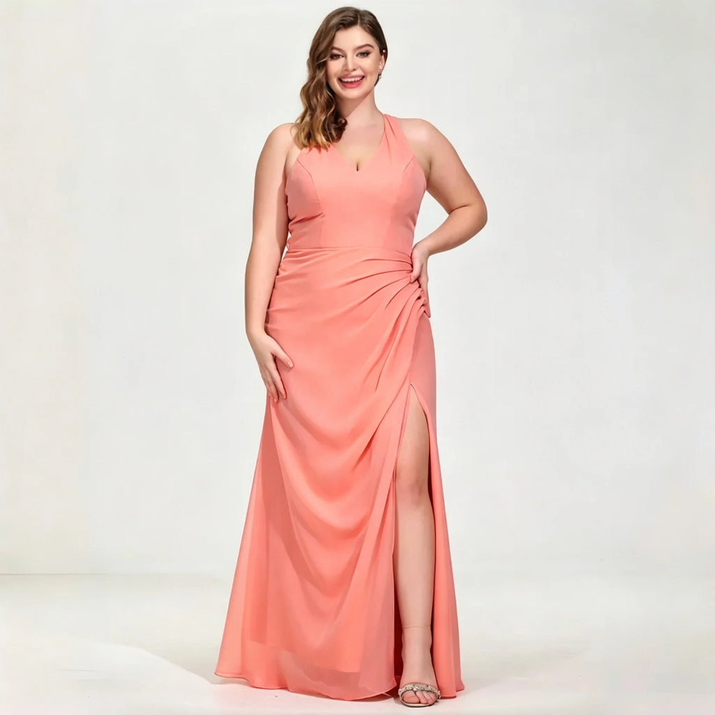 La Cuaba Dusty Pink Plus Size Chiffon Bridesmaid Sleeveless Deep V Neck Side Ruched Dress