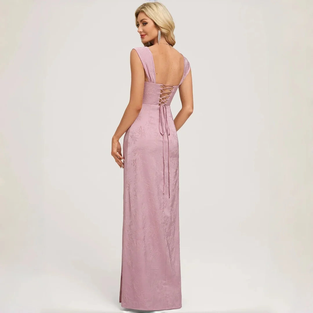 Canarsie Square Neck Corse Bodice Ruched High Slit Spaghetti Strap Formal Bridesmaid Dress