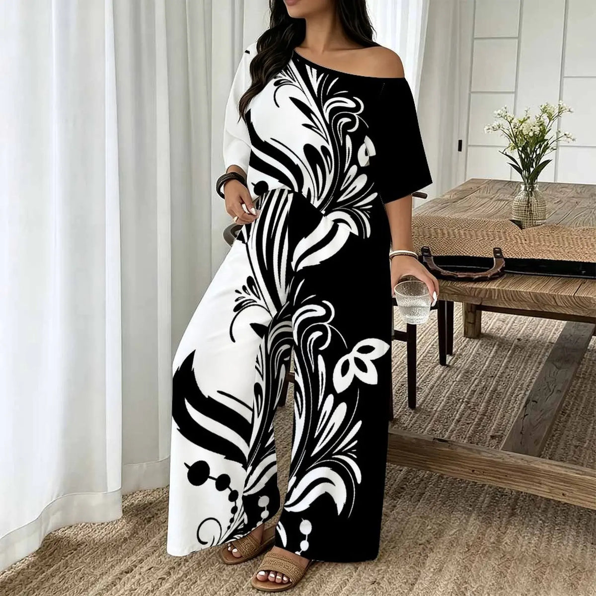 Vietnam Plus Size Printed Two Piece Set Street Retro Look