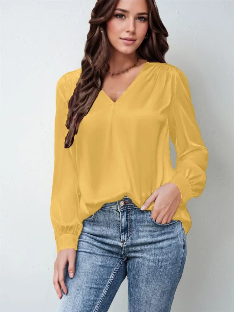 Elmer Solid Color V-Neck Long Sleeve Office Loose Elegant Blouse