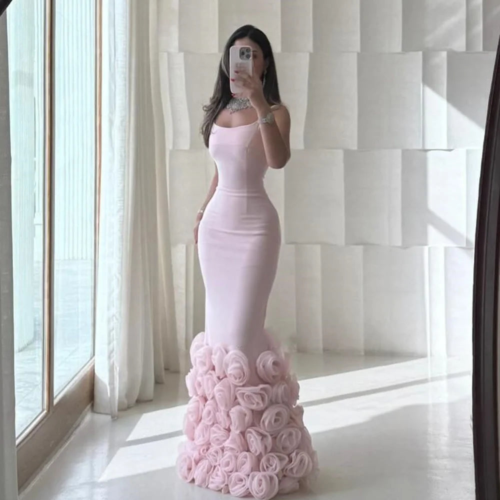 Saddle Brook Intricate Jersey Handmade Flower Pleat Mermaid Spaghetti strap Long Dress