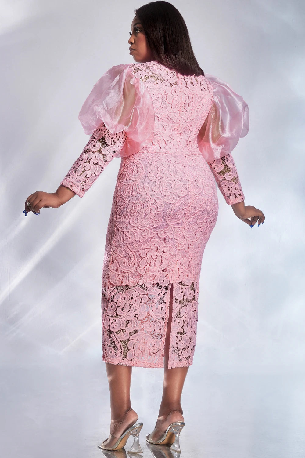 La Purga Plus Size Formal Pink Lace Puff Sleeve See-Through Midi Dress