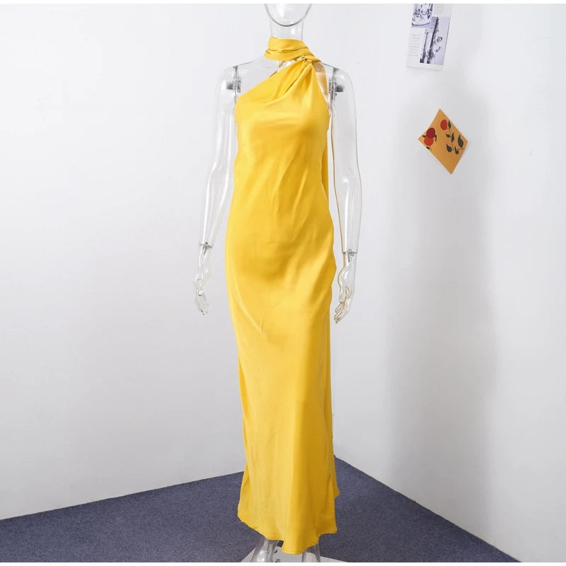 Califon Sexy Satin Ribbon Party Elegant Halter Backless Off Shoulder Sleeveless Maxi Dress
