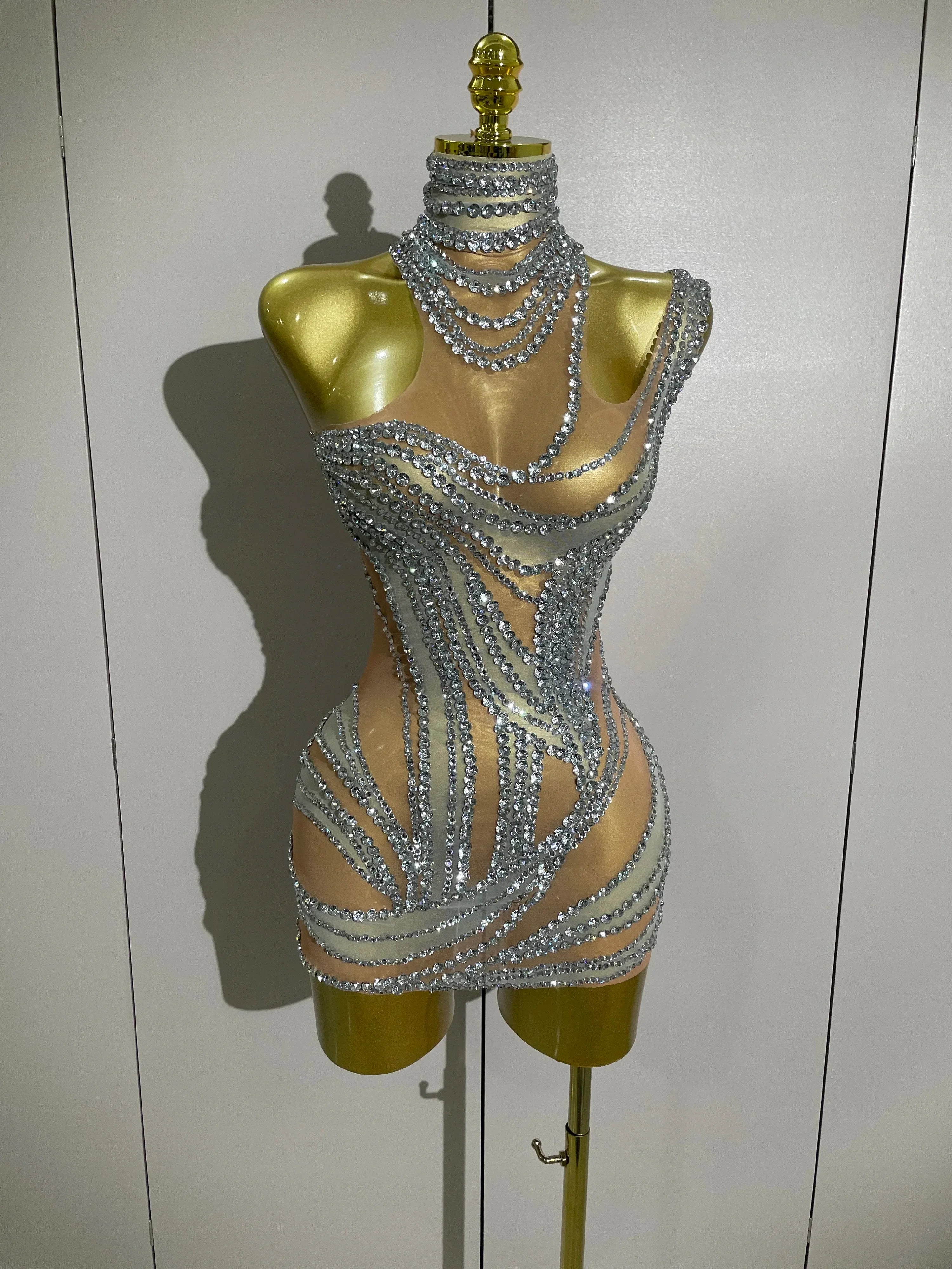 Morgantown Sparkly Crystals See Through Elegant Stage Mini Dress