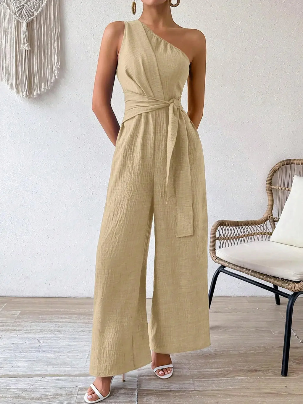 Detroit Fashion Sleeveless Diagonal Collar High Waist Lace-up Wide Leg Jumpsuits