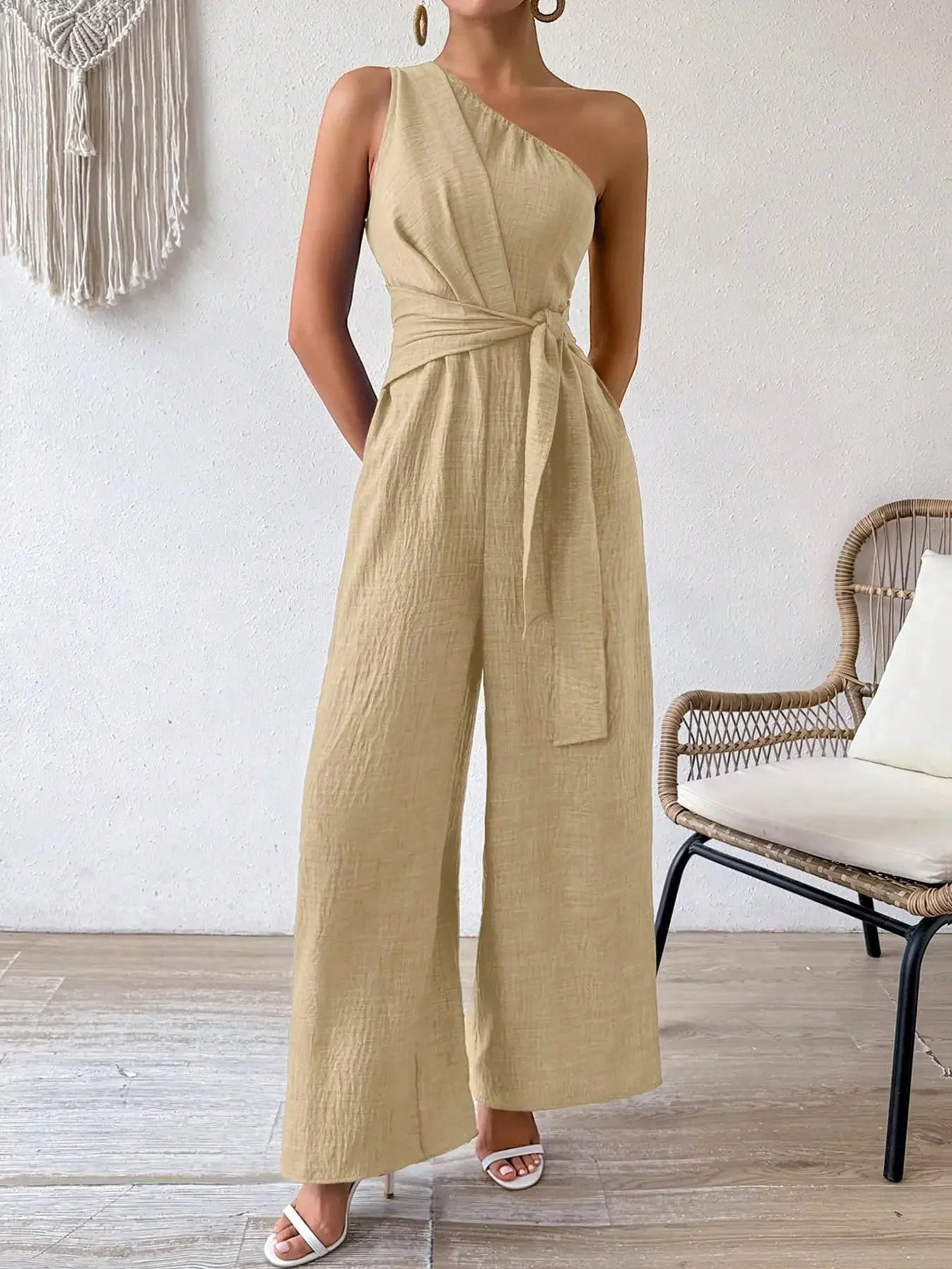 Detroit Fashion Sleeveless Diagonal Collar High Waist Lace-up Wide Leg Jumpsuits