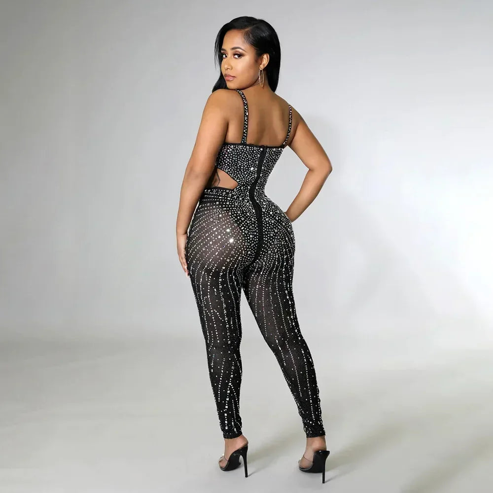 Gramercy Park Fashion Sexy Mesh Perspective Hot Drill Sleeveless Halter Jumpsuit