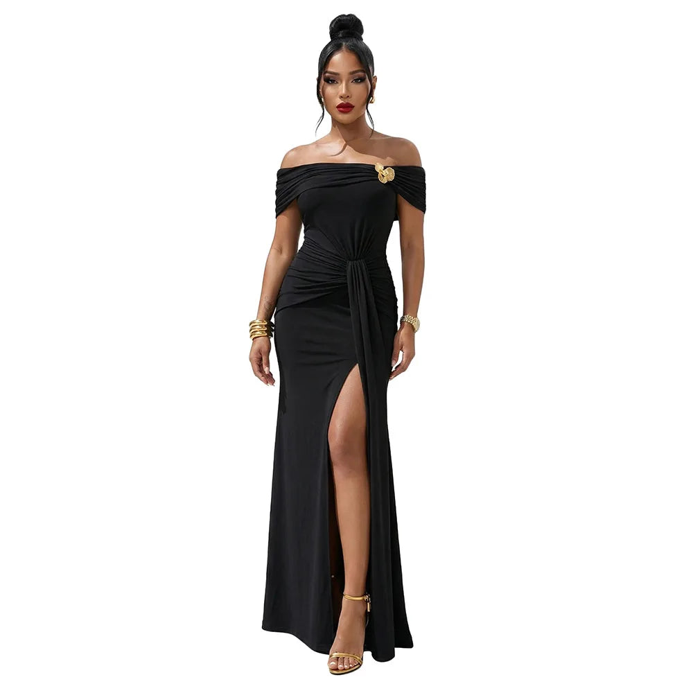 La Cuava Slash Neck Ribbon Elegant Sleeves Long Sexy Maxi Dress