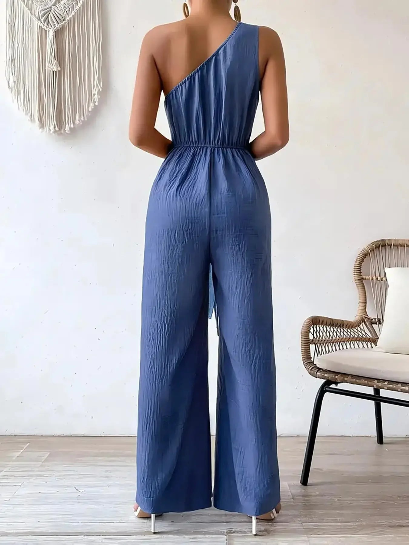 Detroit Fashion Sleeveless Diagonal Collar High Waist Lace-up Wide Leg Jumpsuits