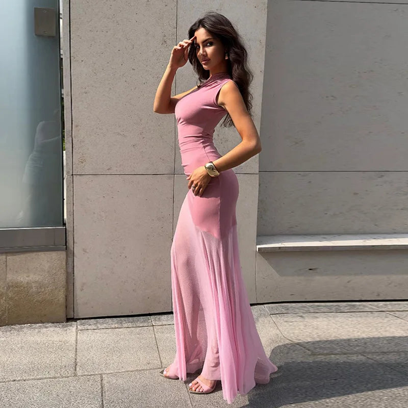 Off Shoulder See Through Dress Solid High Waist Patchwork Backless Slim Long Dress