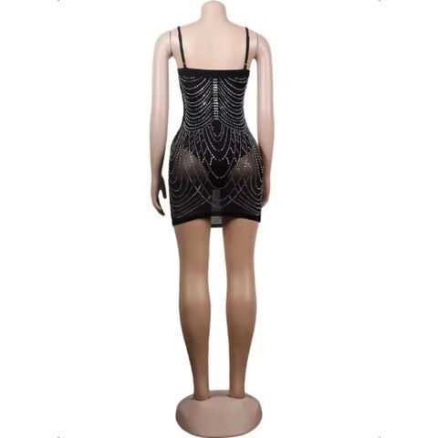 Franklin Township Rhinestone Fringe Glam Mesh Sequins Party Clubwear Mini Dress