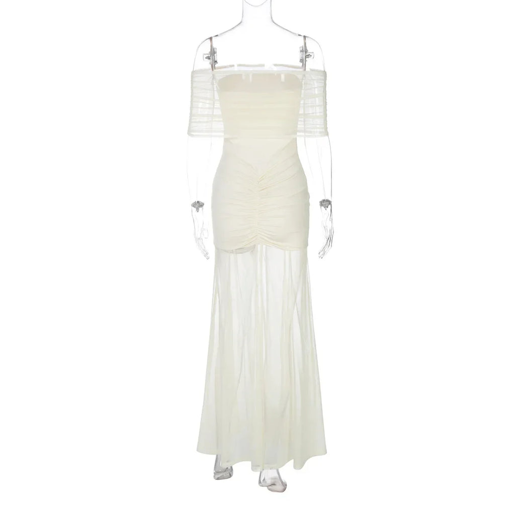 Cowen Off Shoulder Mesh Apricot See Through Ruched Dress