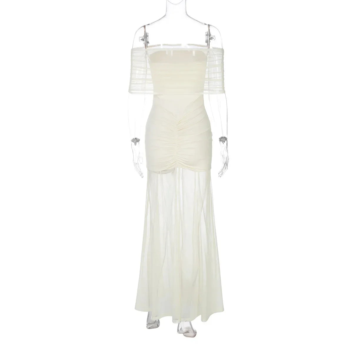 Cowen Off Shoulder Mesh Apricot See Through Ruched Dress