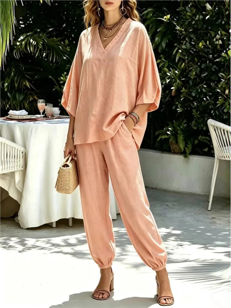 Bianca Loose Batwing Sleeve V Neck Two Piece Sets