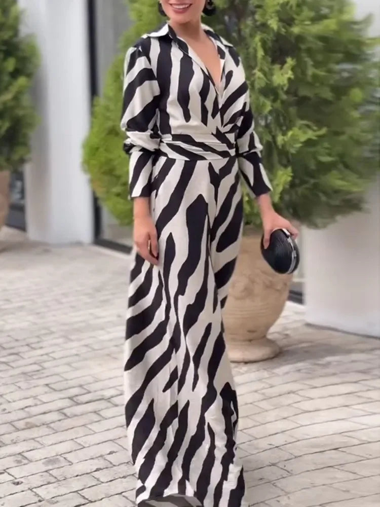 Troy Zebra Printed Wide Leg Lapel Jumpsuits Long Sleeves High Waisted