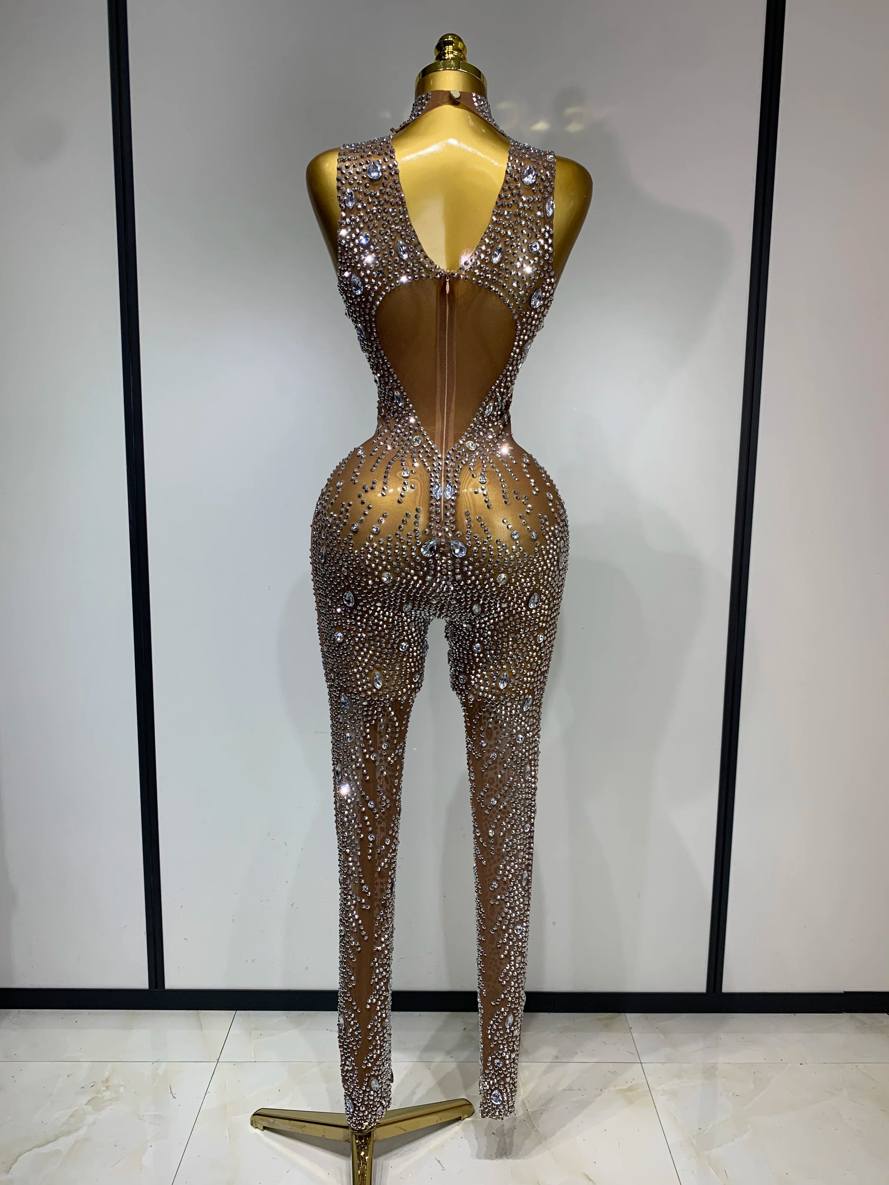 Rochester Hills Rhinestones Jumpsuit Mesh See Through Performance Dance Jumpsuit