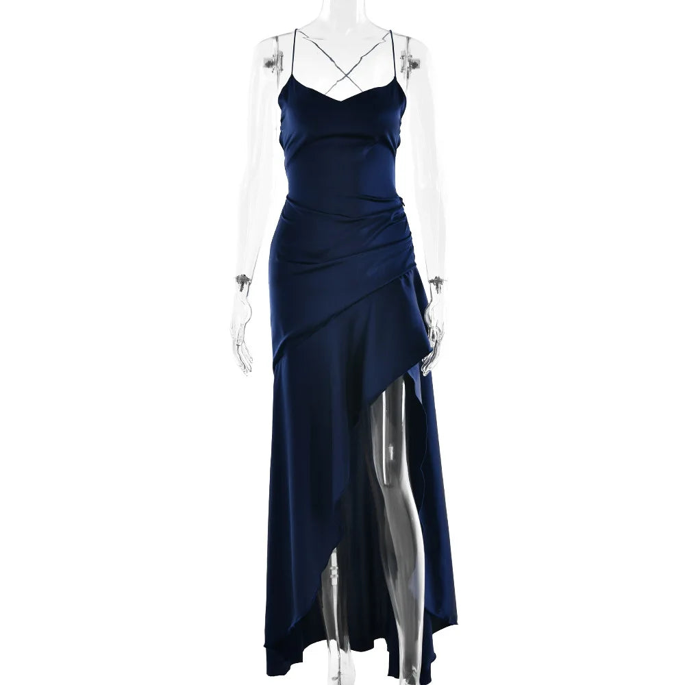 Stony Point Satin Long Dr with High Slit And Lace Trim Charming Dress