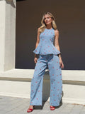 Viviana Denim Printed Sleeveless Two Piece Sets
