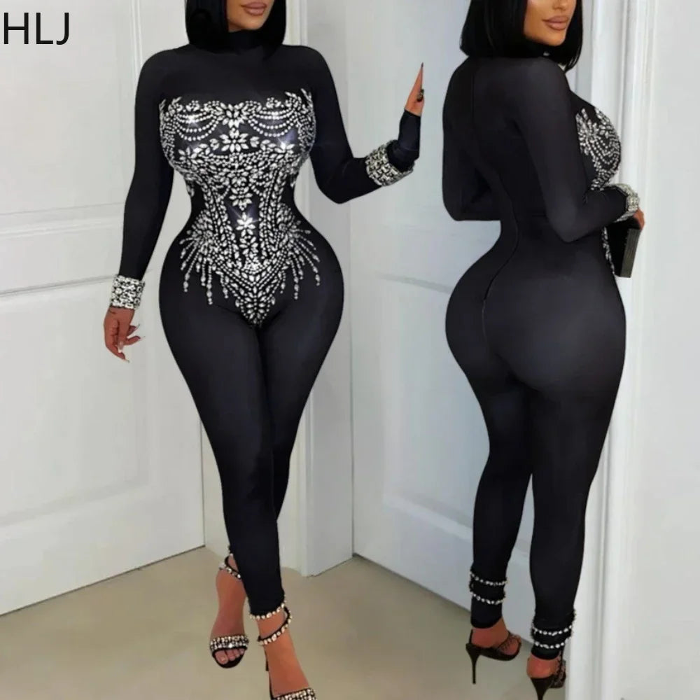 Upper East Sexy Rhinestone Patchwork Solid See Through Sparkling Jumpsuit