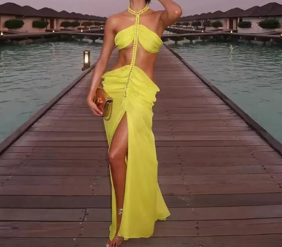 Grand Remous Irregular Low Waist Slit Sleeveless Hanging Neck Chain Chiffon Dress