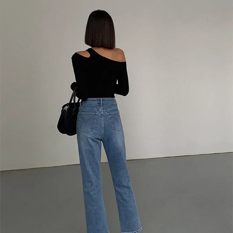 Union City Skew Collar Off Shoulder Long Sleeved T Shirts New Solid Slim Fit Crop Top