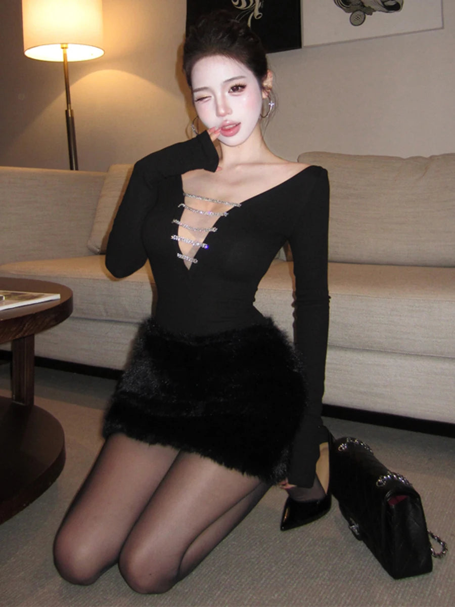 Lia Sexy Deep V Neck Long Sleeve Two Piece Sets