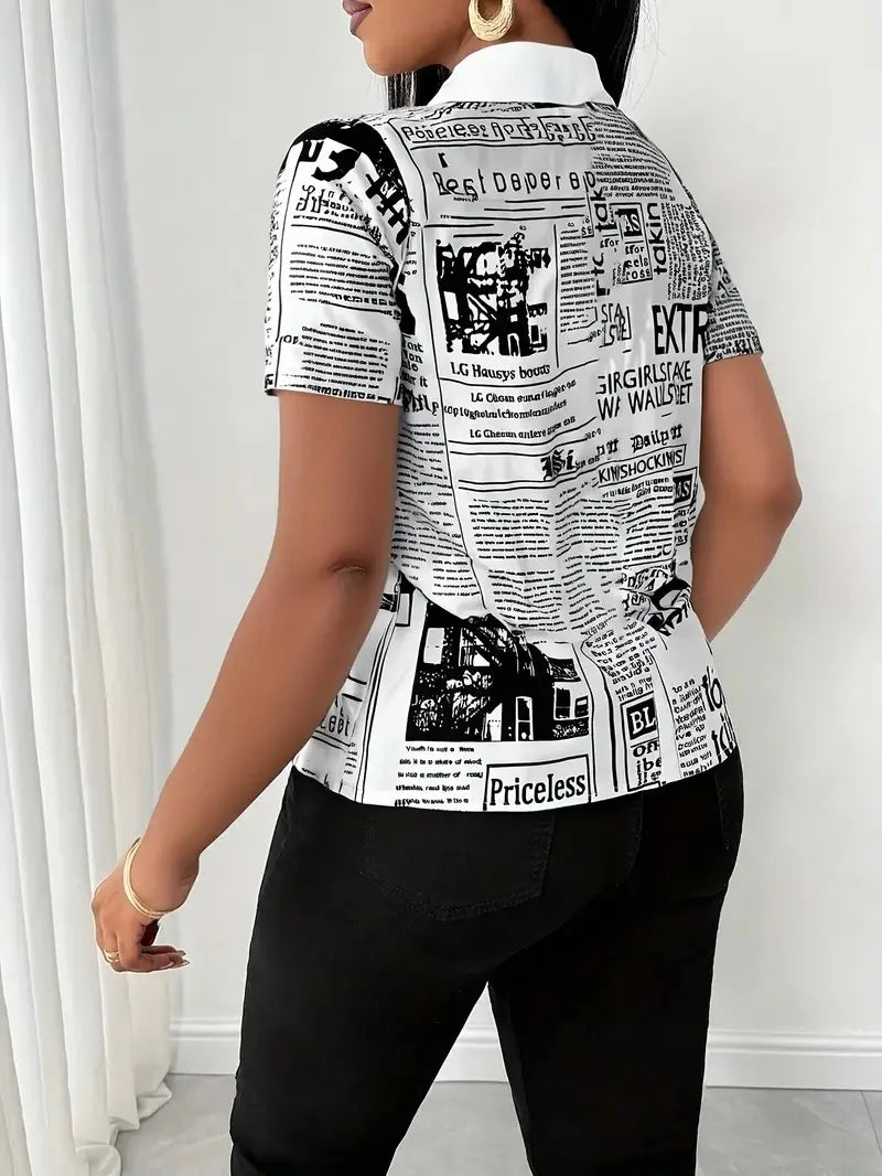 Pluto Elegant Fashion Newspaper Pattern Print Single Breasted Short Sleeve Tops