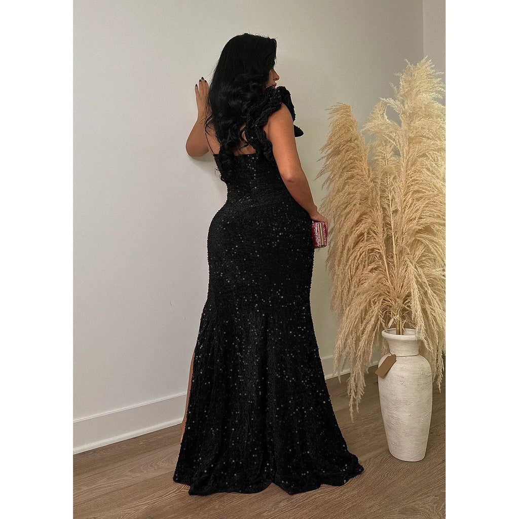 Trenton One Shoulder Open Back Sequined High Side Split Mermaid Maxi Dress