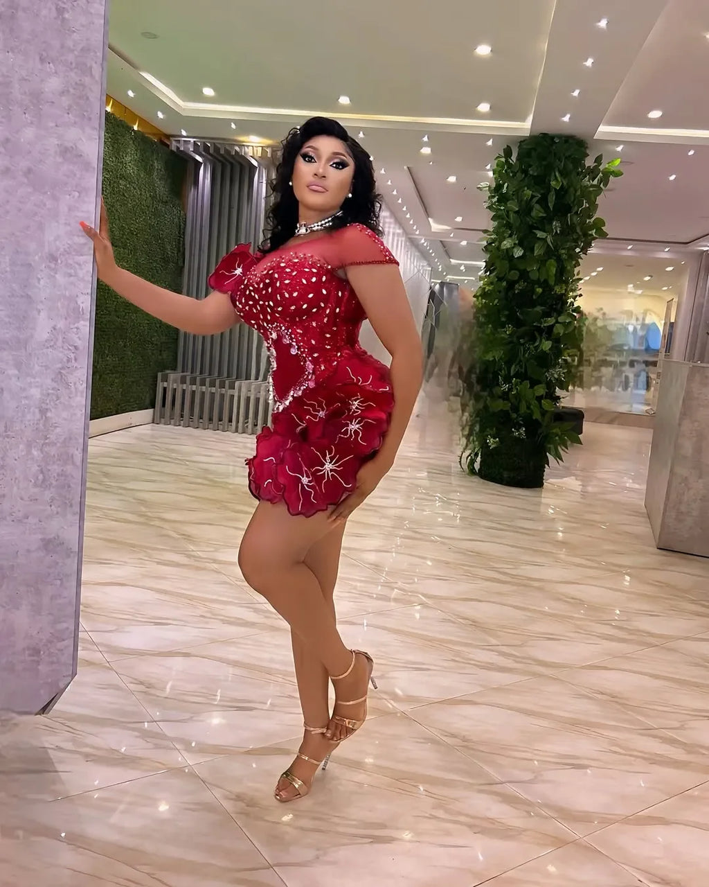 Plus Size Cocktail Appliqued Beaded Sequined Lace Gowns Customized Mini Dress