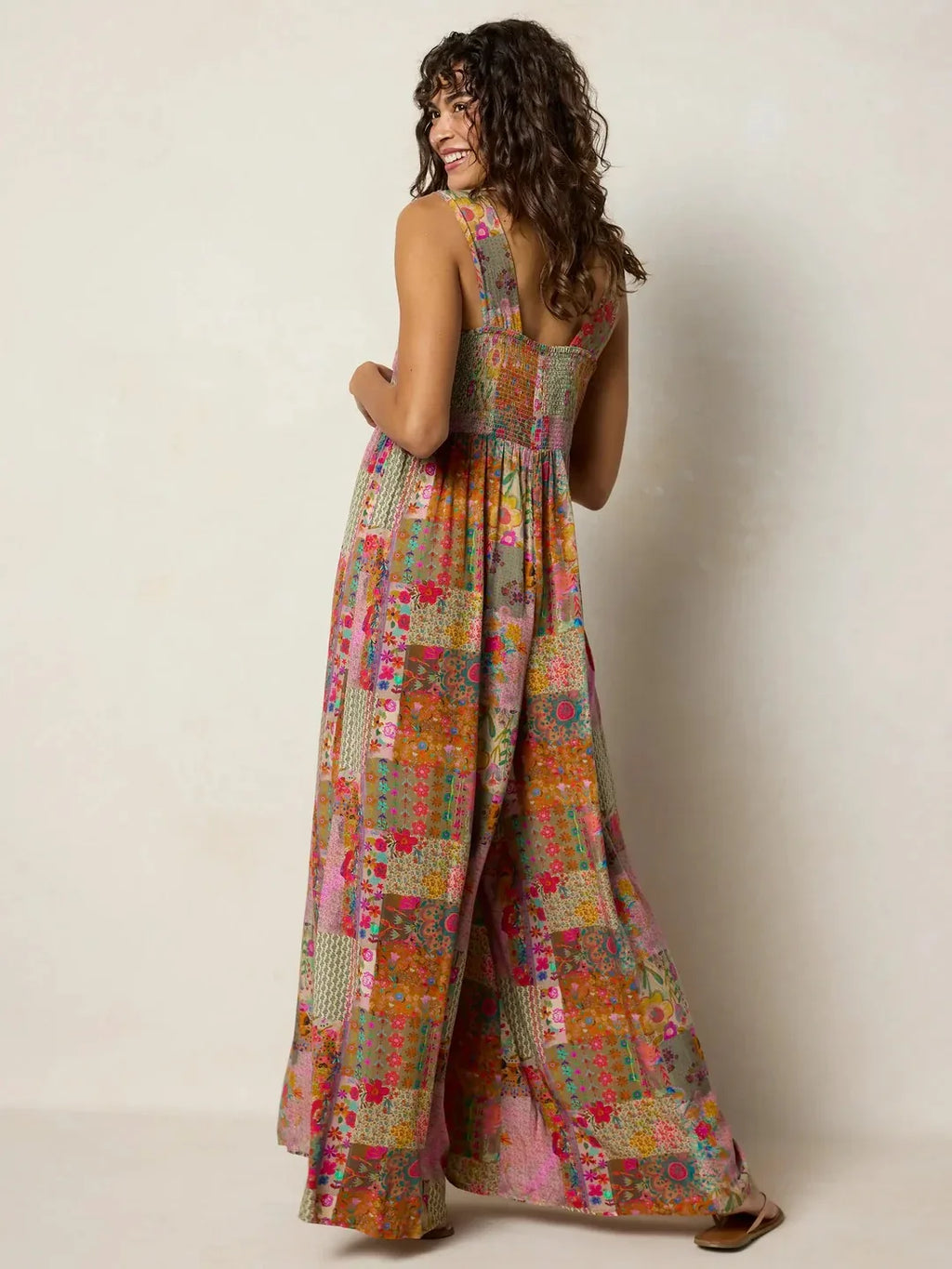 Plus Size Women Boho Floral Jumpsuit 2026 Summer Sleeveless Wide Leg Elastic Waist