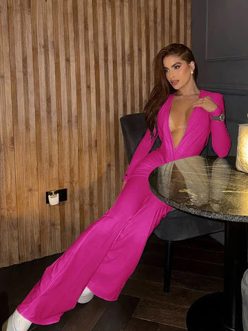 Rochester Puss Cross Ruched Patchwork Deep v-Neck Elegant Jumpsuit