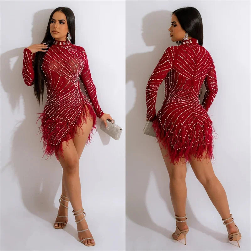 Whippany Pearls Rhinestone Party Elegance Nightclub Feather Mini Dress