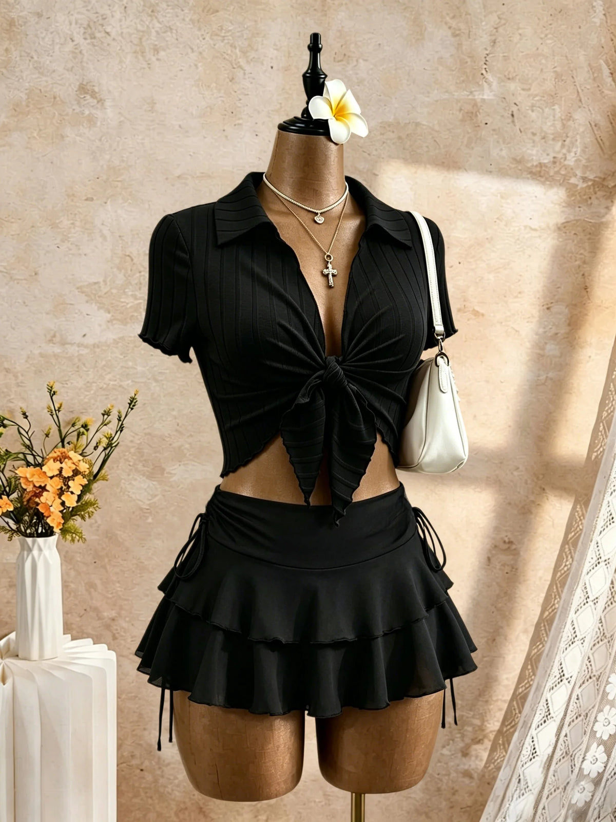 Adriana Ribbed Polo Collar Front Tie Two Piece Sets