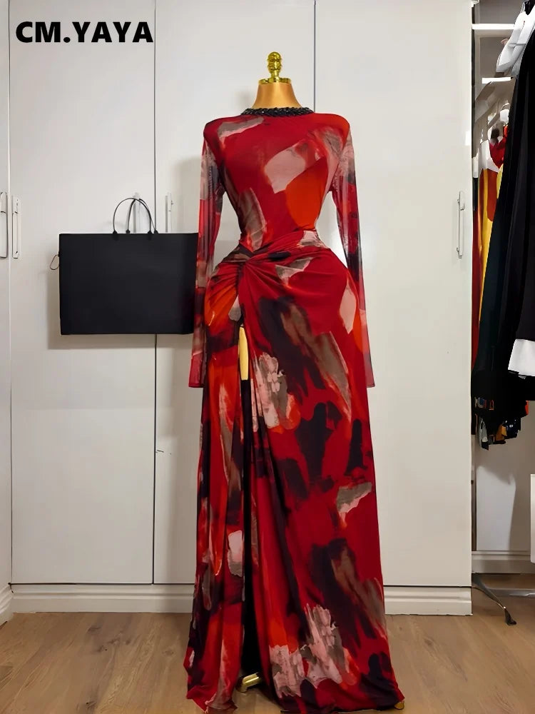 Hollow Out O-neck Long Sleeve Bodycon Maxi Long Dress