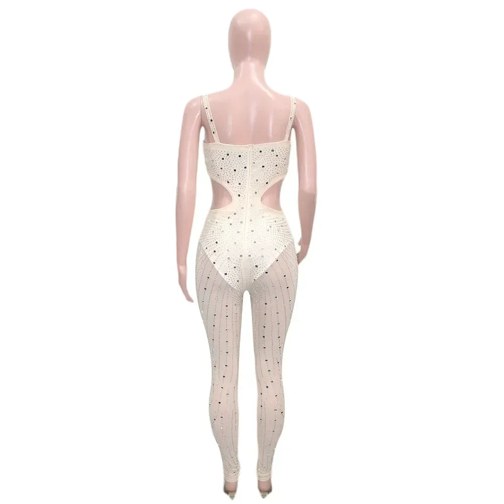 Gramercy Park Fashion Sexy Mesh Perspective Hot Drill Sleeveless Halter Jumpsuit