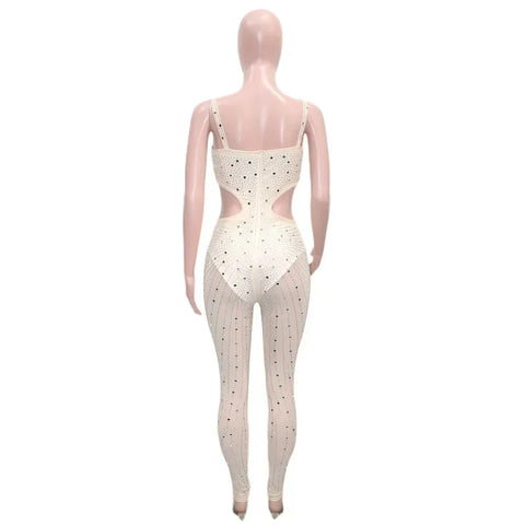 Gramercy Park Fashion Sexy Mesh Perspective Hot Drill Sleeveless Halter Jumpsuit