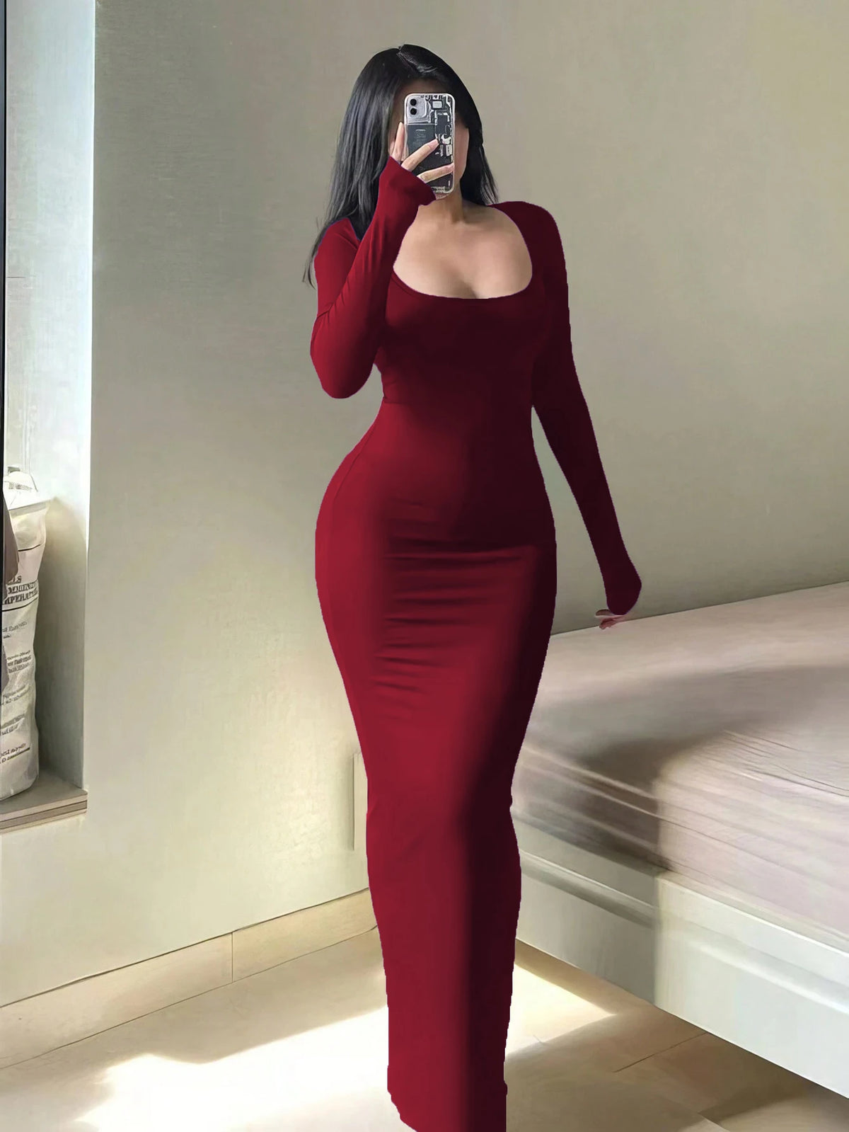 Indianna Plus Size Long Slim Fit with Square Neck Long Sleeves Extra Lengthy Dress