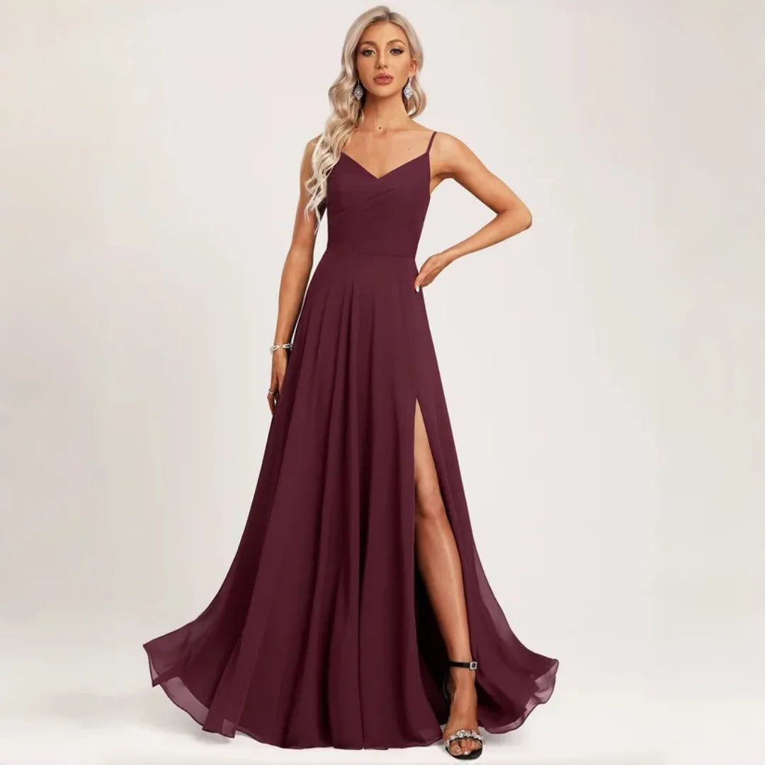 New York Plus Size Burgundy Chiffon Bridesmaid Spaghetti Strap Surplice V Neck Ruched Dress