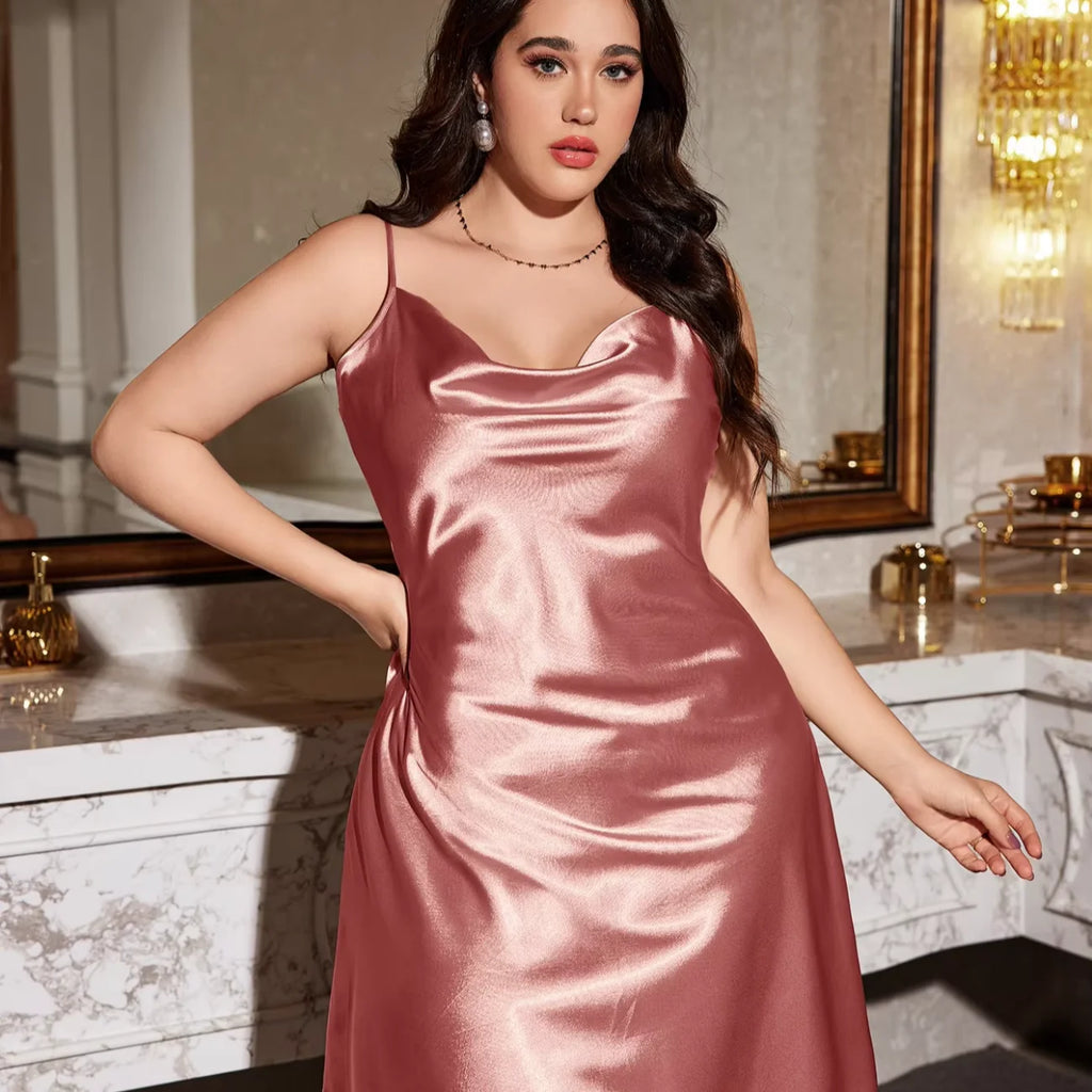 British Plus Size Soft Silk-Like Slip Sexy Printed Minimalist Loose Dress