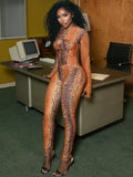 Canarsie Hollow Serpentine Print O Neck Full Sleeve Skinny Peach Hip Jumpsuit