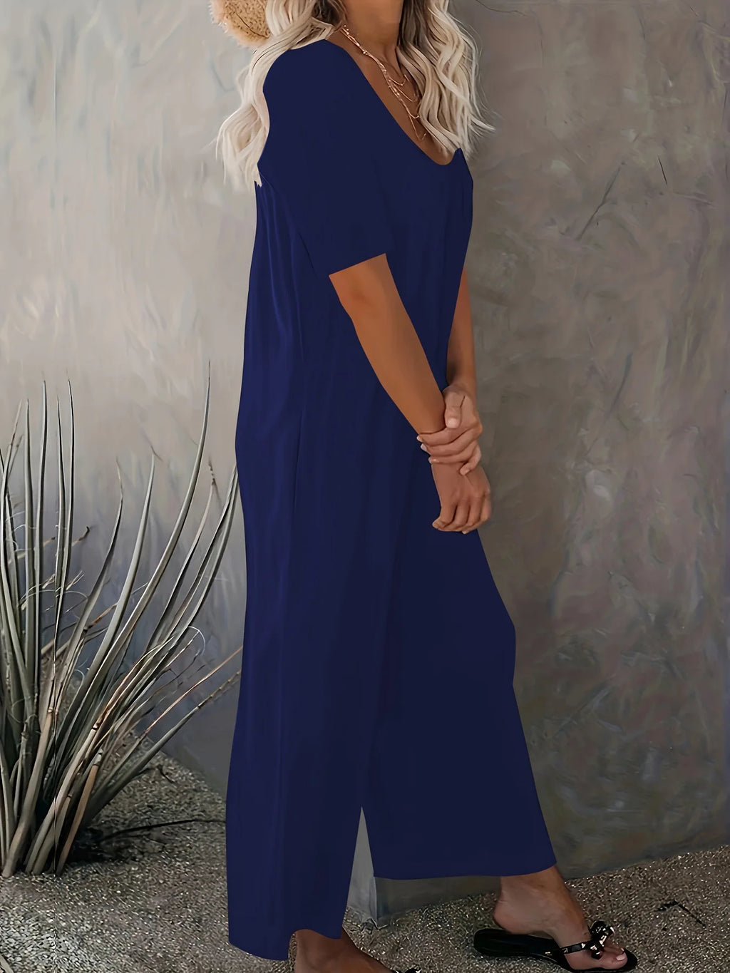 Plus Size Summer Women's Solid Color Jumpsuit with Pockets Casual Fashion