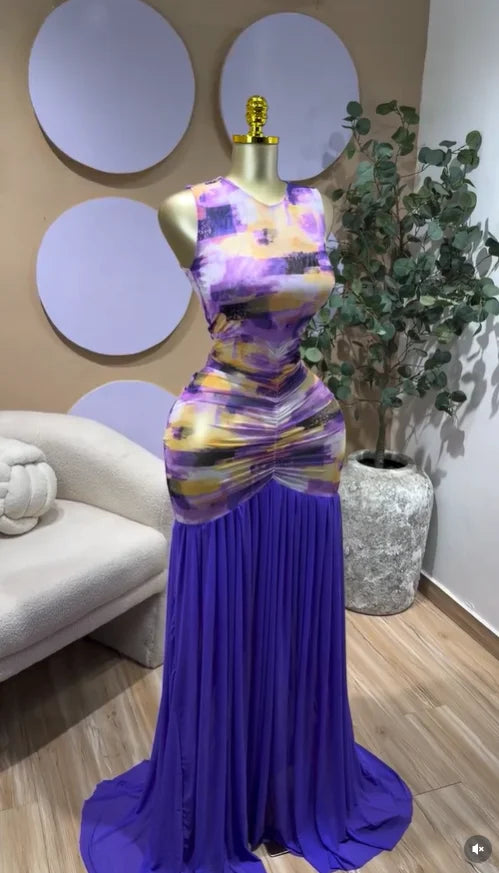 Printed Ruched Stacked Sleeveless Long Maxi Dress