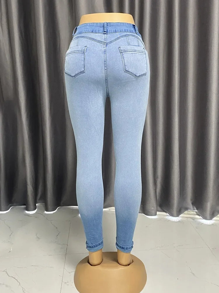 Albany Elastic Slimming, Hip-lifting High-waisted Gradient Casual Ripped Skinny Jeans
