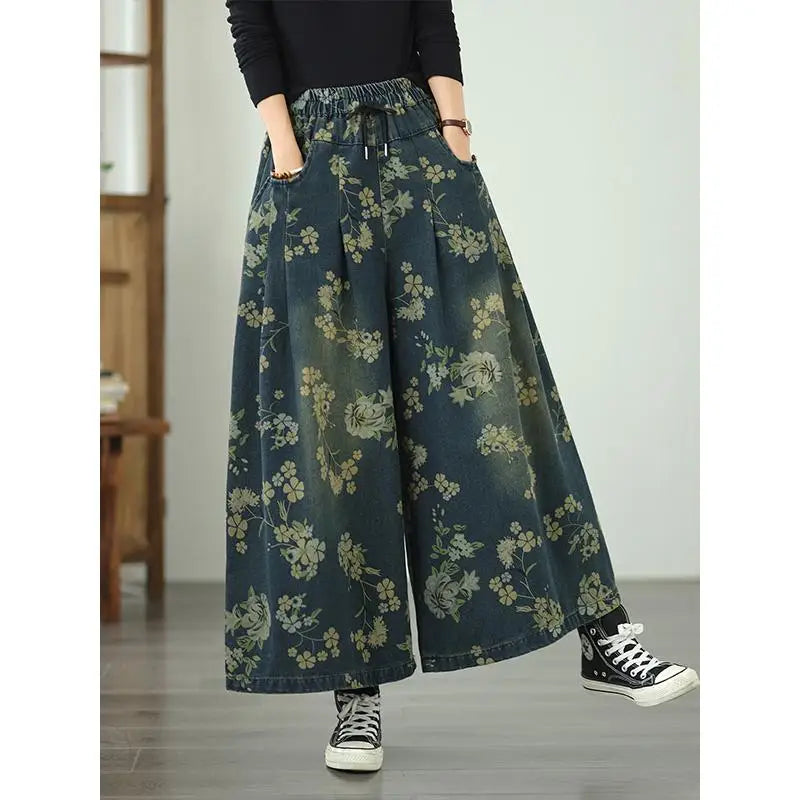 Printed Jeans For Women 2025 Autumn Vintage Extended Elastic Waist