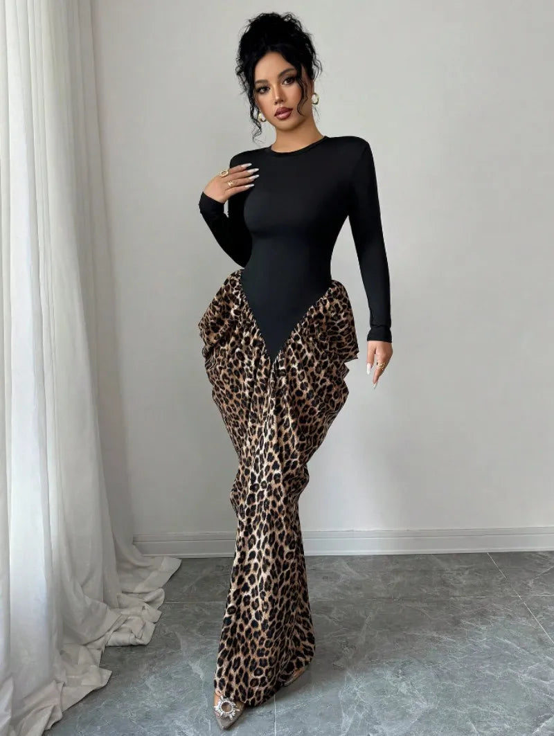 Brasil Plus Size Leopard Print Long Slimming Asymmetrical Floor-Length Dress