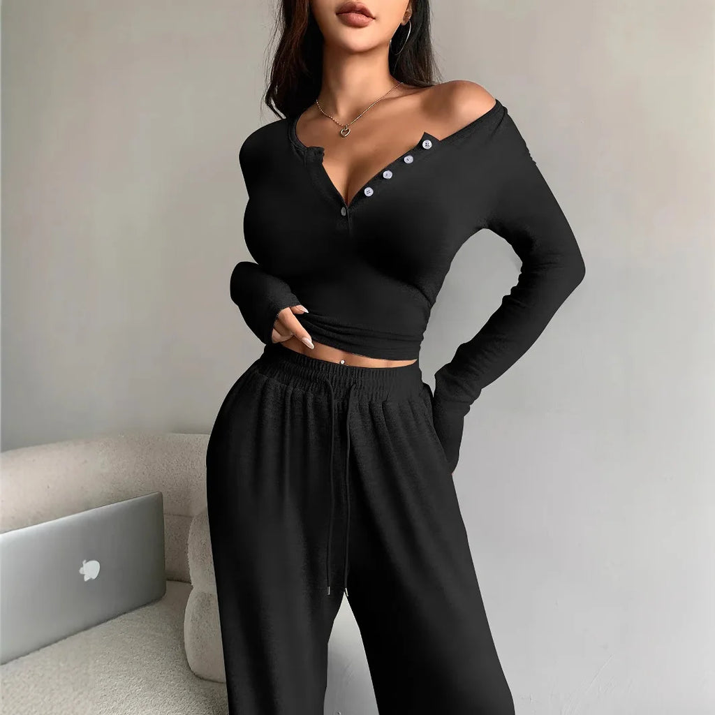 Leah V-neck Long-sleeved Trousers Two-piece Sets